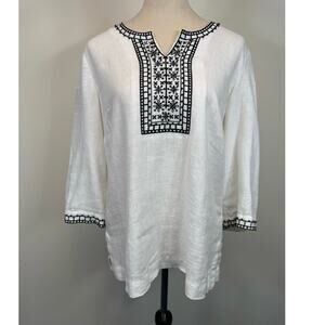 White Linen Boho Beaded Embroidered Tunic Top Coastal Grandma | Swim Cover